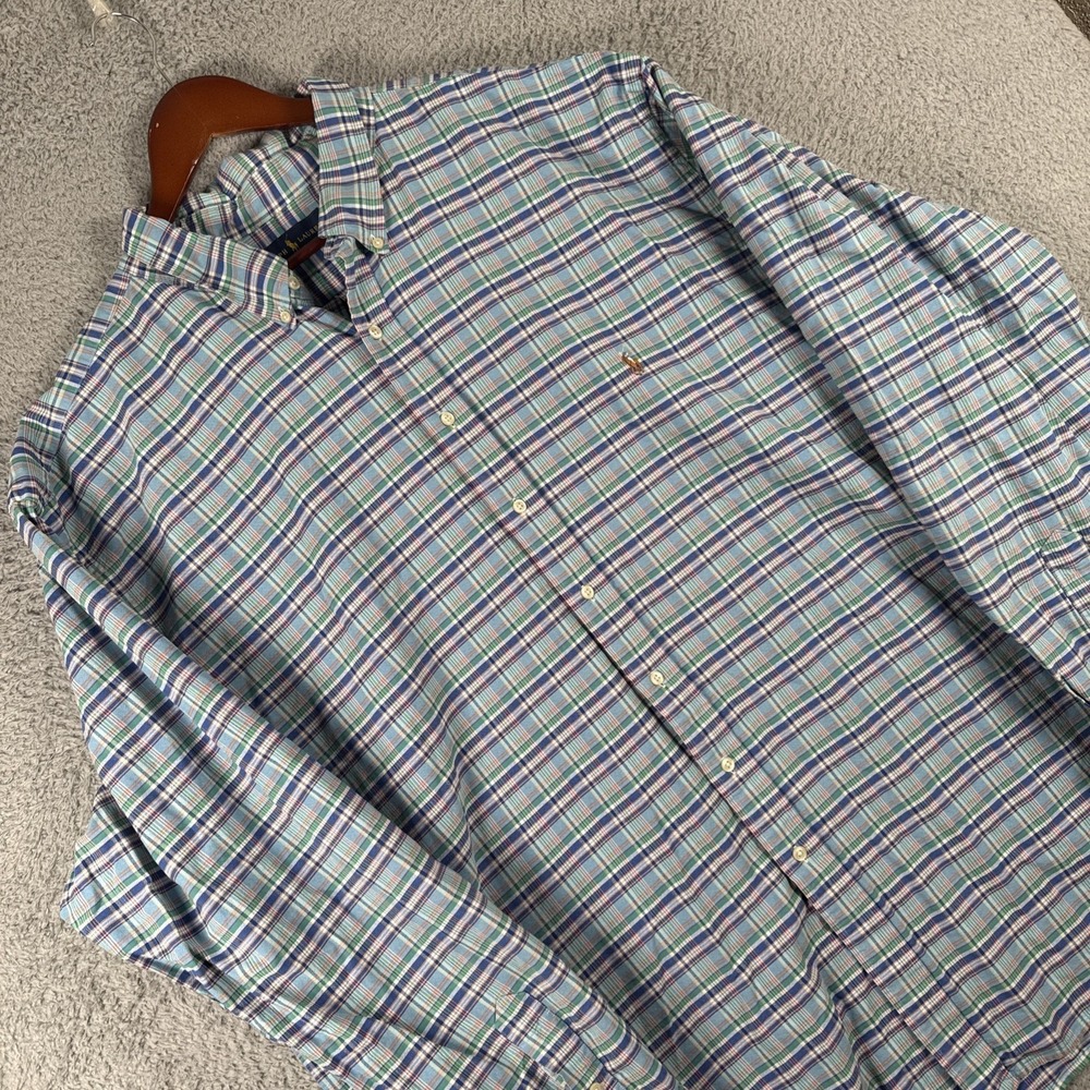 Polo Ralph Lauren Stretch Oxford Shirt Mens 4XLT Tall Blue Plaid OCBD Flesh Pony